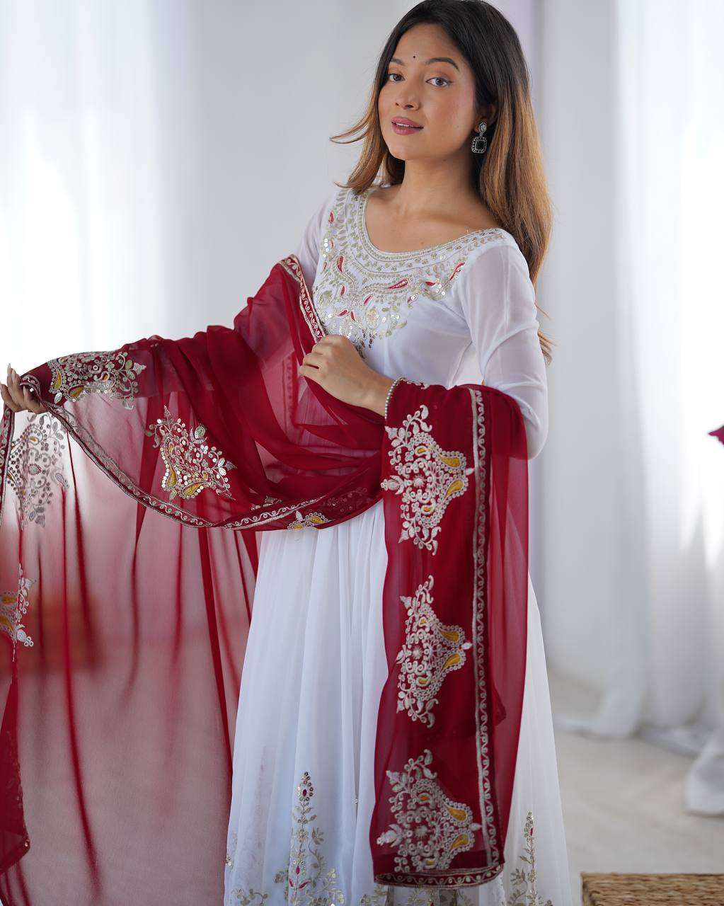 Women's Georgette Embroidery Sequence Work Anarkali Kurti With Dupatta Set - Image 2